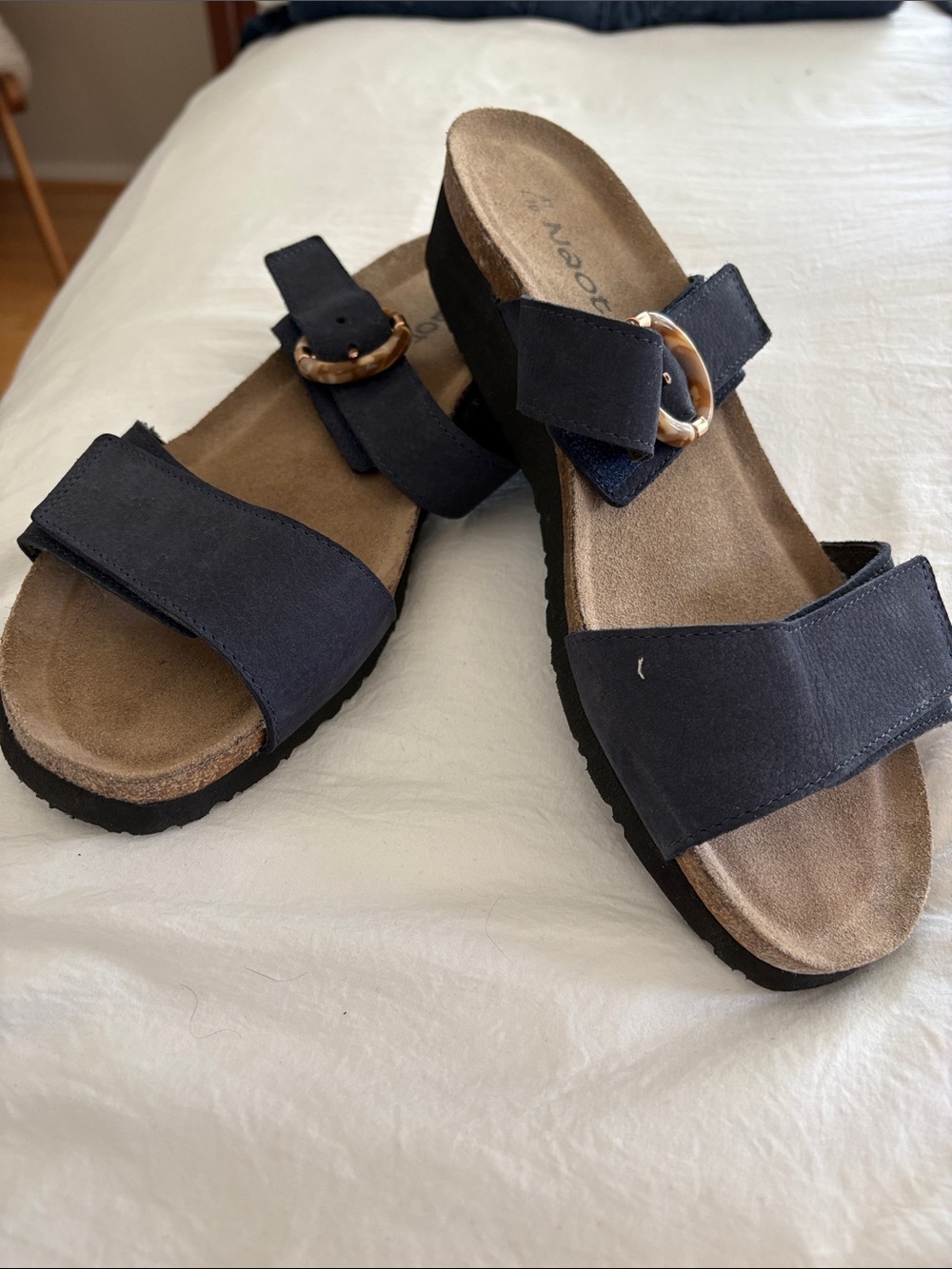 Naot Navy Double-Strap Slide Sandals with Tortoiseshell Ring Accent